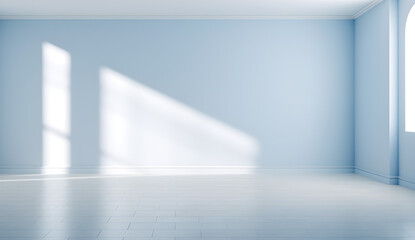 Minimal abstract light blue background for product presentation. Shadow and light from windows on plaster wall. AI generated.