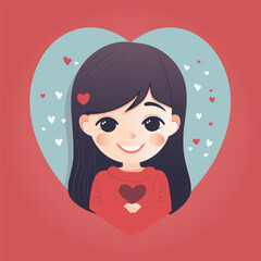 Vector illustration of a girl portrait with heart. Happy Valentines illustration. Flat cartoon vector illustration.