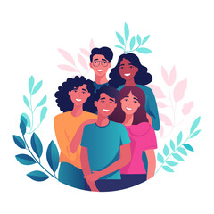 Group portrait of smiling people, friends, family. Flat cartoon vector illustration.