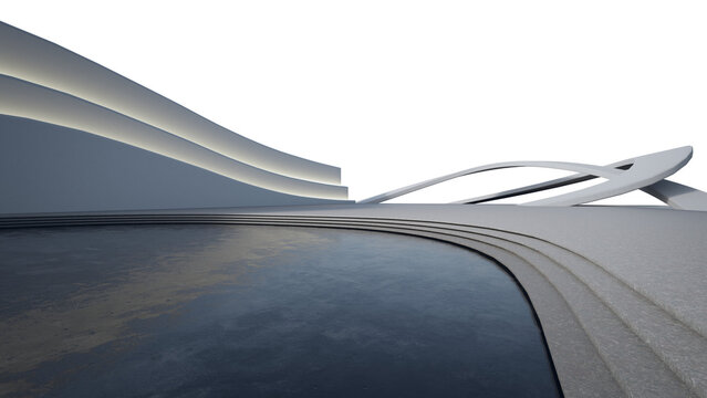 Abstract architecture design of modern building. Empty parking area floor and concrete structure. 3D rendering background image for car scene.