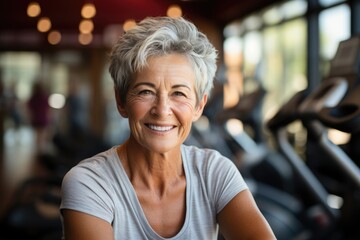 Portrait of mature woman smiling at camera while exercising on sport equiment in gym, generative AI