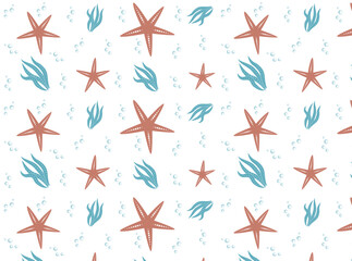 Seamless pattern ocean animals seaweed starfish on white background. World Ocean Day. Vector graphics banner template.EPS10