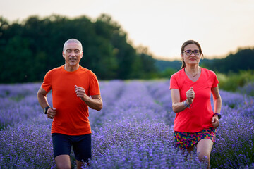 Runners couple in a lavender field