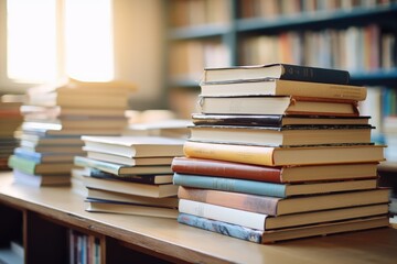 Close-up of heap of old books on table in library, generative AI