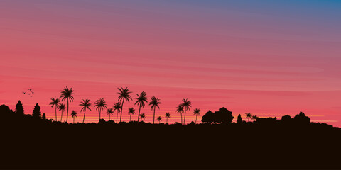 Palm trees on hill silhouetted sunset vector illustration with blank space at the sky. Island with dramatic sky background.