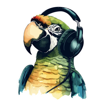cool parrot wearing headphones watercolor illustration