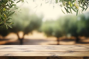 Foto op Plexiglas Old wooden table for product display with natural green olive field and green olives © Lubos Chlubny