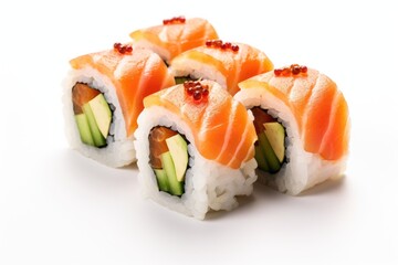 A set of fresh sushi rolls with salmon, avocado. Japanese sushi on white background