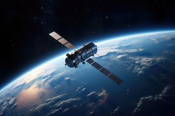 Space satellite with antenna and solar panels in space against the background of the earth.