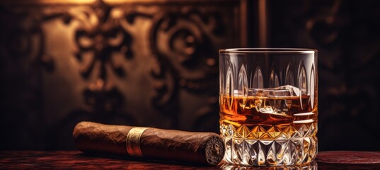 Whiskey glass and cigar on wooden table