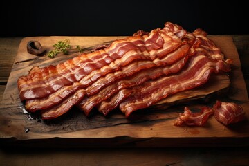 Fried bacon slices on a wooden serving board