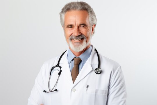 Portrait of friendly mature doctor in white coat smiling at camera on white background, generative AI