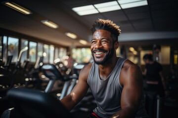 Happy African American man training on sport equipment in gym, generative AI - obrazy, fototapety, plakaty