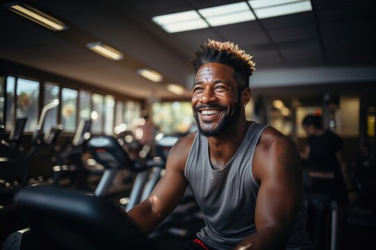 Happy African American man training on sport equipment in gym, generative AI