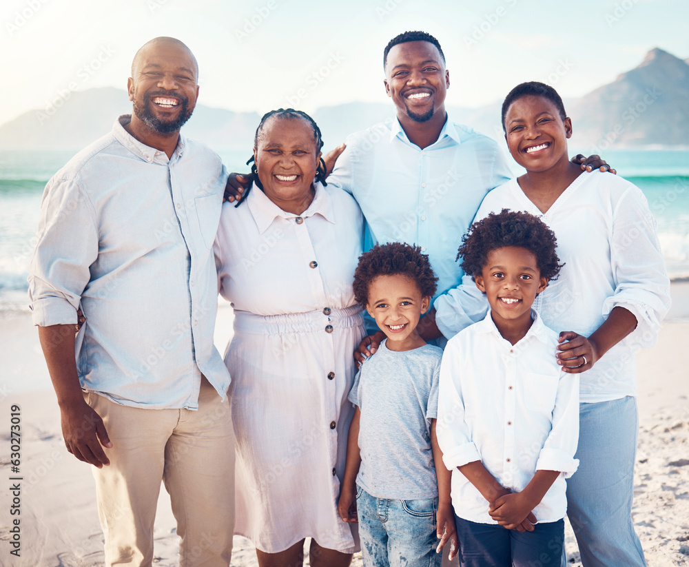 Poster Happy, smile and portrait of black family at beach for travel, summer break and bonding on vacation. Relax, holiday trip and generations with parents and children for quality time, sunshine and fun