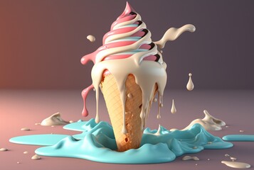 Colorful ice cream splashes, melting ice cream cone. Ai generative.