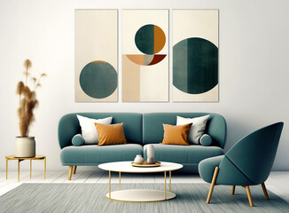 Teal sofa and armchair against white wall with three art posters. Scandinavian style home interior design of modern living room.