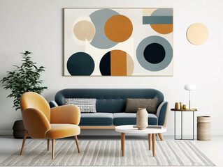 Dark blue sofa and orange chair against white wall with art poster frame. Scandinavian, mid-century style home interior design of modern living room.