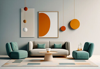 Mid-century style home interior design of modern living room. Grey sofa and turquoise lounge chairs.