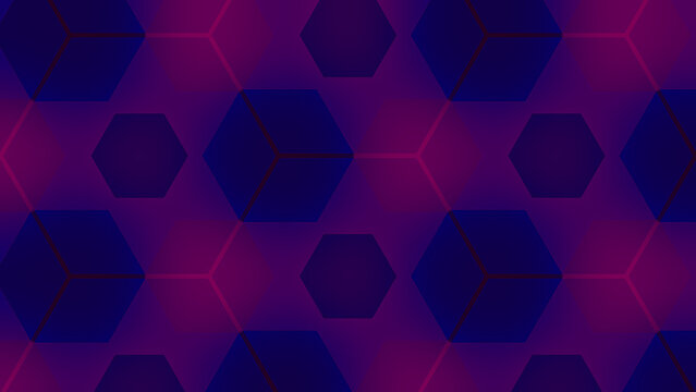 Bright fuchsia pink and blue cube and hexagon shape on purple gradient background. Neon glow dark geometric pattern for cover website poster. Abstract honeycomb grid. Translucent frosted glass texture © InspiredStocker