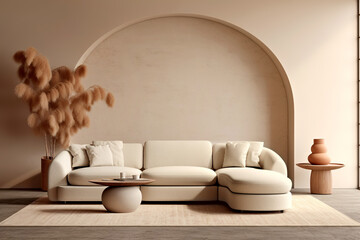 Minimalist boho home interior design of modern living room. Sofa and vase with pampas grass against beige wall with arch.