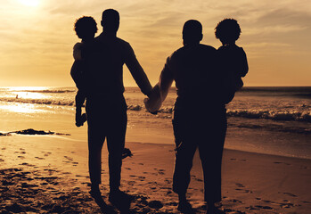 Beach, holding hands and family in sunset silhouette for summer vacation, holiday and travel love with children. Parents or people together with kids rear by ocean or sea for bonding, peace and care
