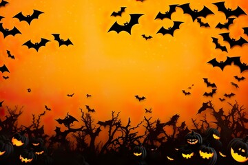 Halloween concept background composition with bats, spider web, pumpkins and spiders on black background made with generative ai technology