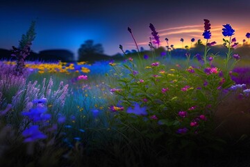 The scene includes a meadow, wild flowers, and a pleasant morning sun