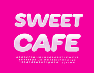 Vector cute logo Sweet Cafe. Candy White Font. Glossy Alphabet Letters and Numbers set