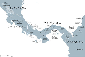 Costa Rica and Panama, gray political map, with the Isthmus of Panama and the Darien Gap. Narrow strip of land and region between the Caribbean Sea and Pacific Ocean, linking North and South America. - obrazy, fototapety, plakaty