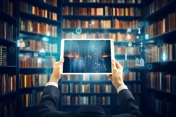 Redefining access: An individual using a tablet to read from an online library, embodying the digitization of literature