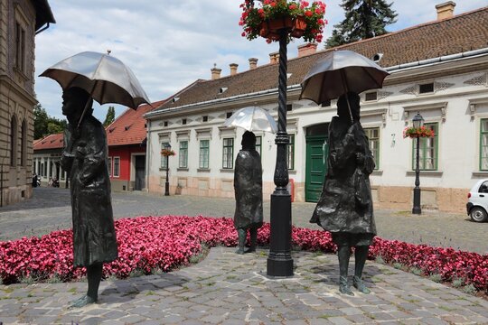 BUDAPEST, HUNGARY - JUNE 21, 2014: Sculpture by Hungarian artist Imre Varga, Umbrellas monument in Budapest. It is located in Obuda district.