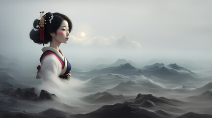 illustrazione con sofisticata gheisha in elegante kinmono in seta bianca che cammina nelle acque di un mare nebbioso e scuro, cielo cupo