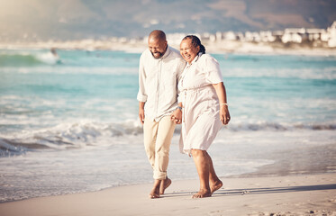 Love, hand holding and senior with black couple at beach and laugh on retirement, vacation and summer break. Travel, smile and and bonding with man and woman walking for happy, funny and relax