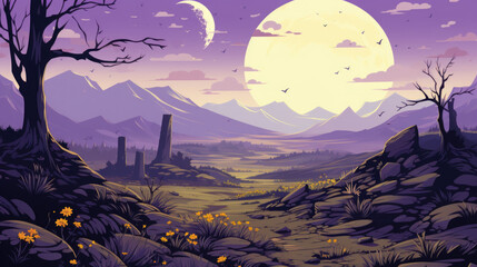 Fototapeta premium A painting of a mountain landscape with a full moon.