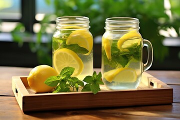 Lemon water, lemonade in mugs with handles, mason jar on a white wooden table. Natural lemonade.