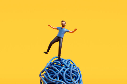 A man stood on a tangled ball of string. Overcoming stress and mental health. 3D Rendering