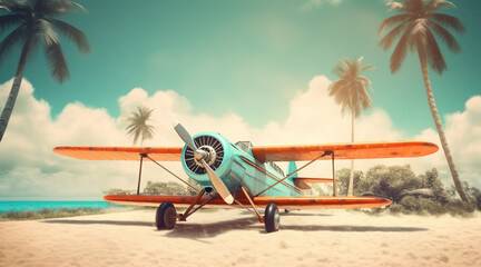 Fototapeta premium plane is flying over palm trees on a tropical island. The concept of vacation, rest.