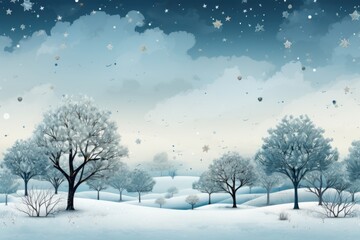 A snowy landscape with trees and snow. Copy-space, place for text. Winter holiday greeting card.