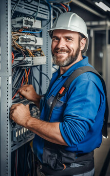 A man electrician smiles as he works on an electrical installation