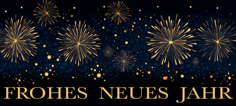 Illustration mit goldenem Feuerwerk auf dunkelblauem Hintergrund, Text Frohes Neues Jahr. Silvester Konzept für Feiertag Feier, Grußkarte, Poster, Banner, Flyer (Generative Ai)