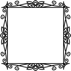 Vintage style ornate square frame. Abstract square frame with black thin line. Vintage elegant border with floral monograms and ornaments. PNG with transparent background