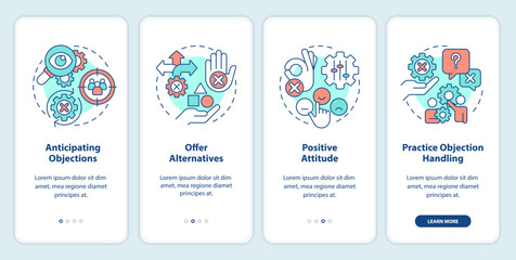 Objection handling practices onboarding mobile app screen. Sales skill walkthrough 4 steps editable graphic instructions with linear concepts. UI, UX, GUI template. Myriad Pro-Bold, Regular fonts used