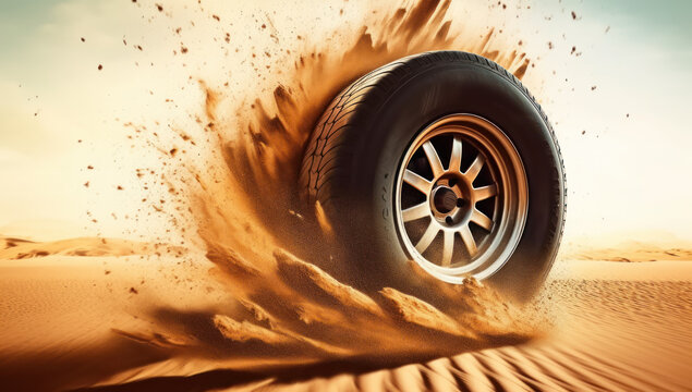 Car tire in high speed desert race and dirt. Extreme wheel action on isolated dune, kicking up sand and adrenaline. Thrilling adventure. Offroad Motion.
