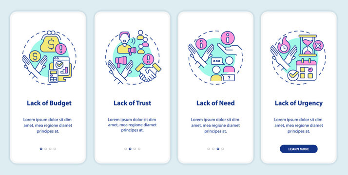 Types of objections onboarding mobile app screen. Sales technique walkthrough 4 steps editable graphic instructions with linear concepts. UI, UX, GUI template. Myriad Pro-Bold, Regular fonts used