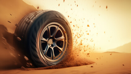 Car tire in high speed desert race and dirt. Extreme wheel action on isolated dune, kicking up sand and adrenaline. Thrilling adventure. Offroad Motion. - obrazy, fototapety, plakaty
