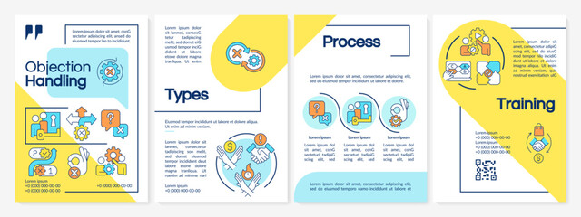 Objection handling blue and yellow brochure template. Successful deal. Leaflet design with linear icons. Editable 4 vector layouts for presentation, annual reports. Questrial, Lato-Regular fonts used