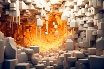 Obraz premium Abstract three dimensional white cube scene illuminated in orange light