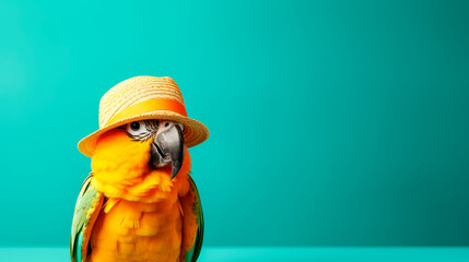 Fashionable  portrait of a yellow parrot wearing a hat on a blue background