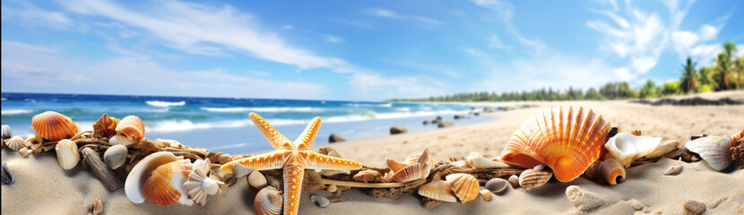 Fototapeta na wymiar Beach summer vacation theme, concept background illustration with sea shells and starfish on sand and blue sea in background